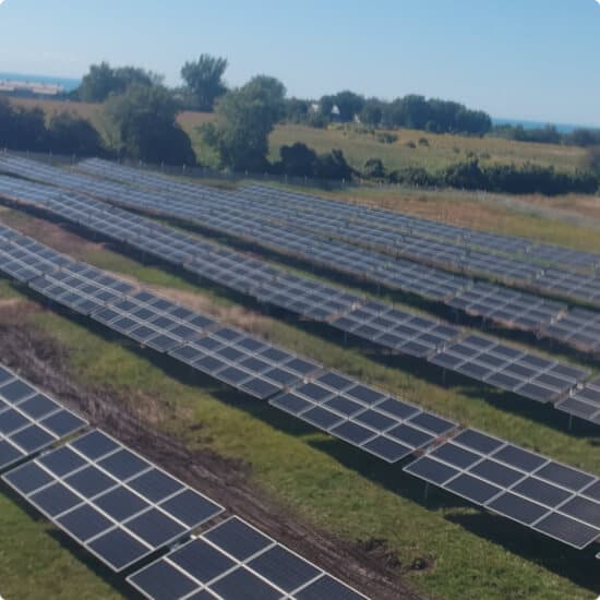 Rows of ground-mounted solar panels in a field
