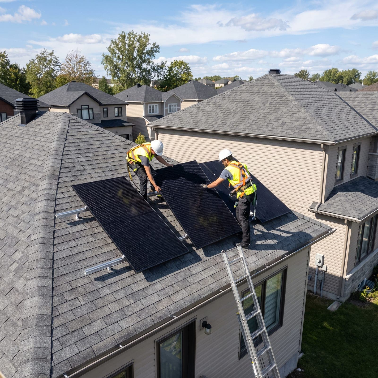 Two installers in harnesses set black solar panels onto the rails of a shingle roof