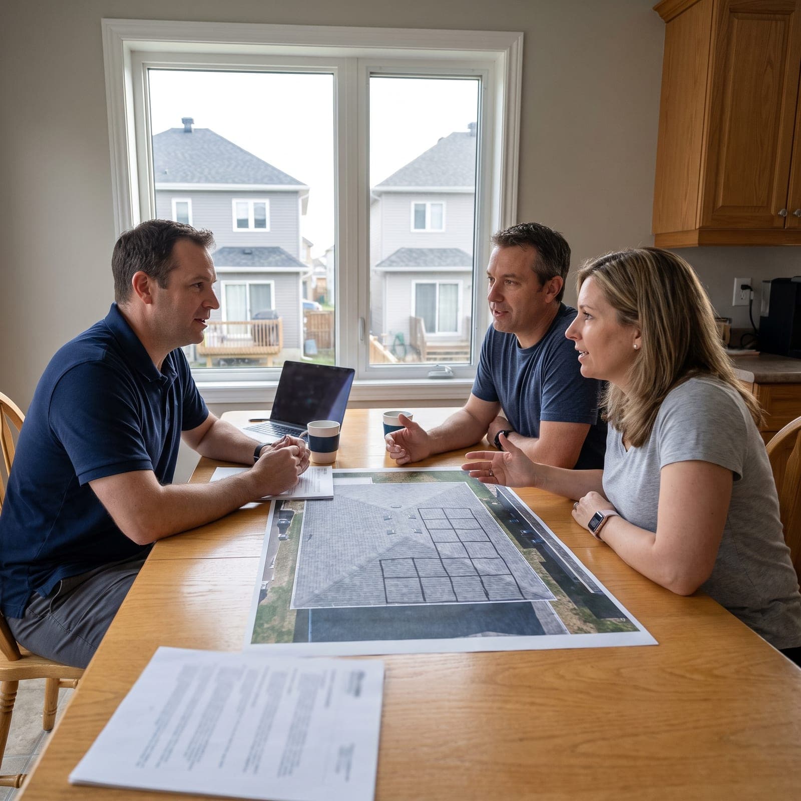 An installer and two homeowners look over an aerial print of their roof at the kitchen table