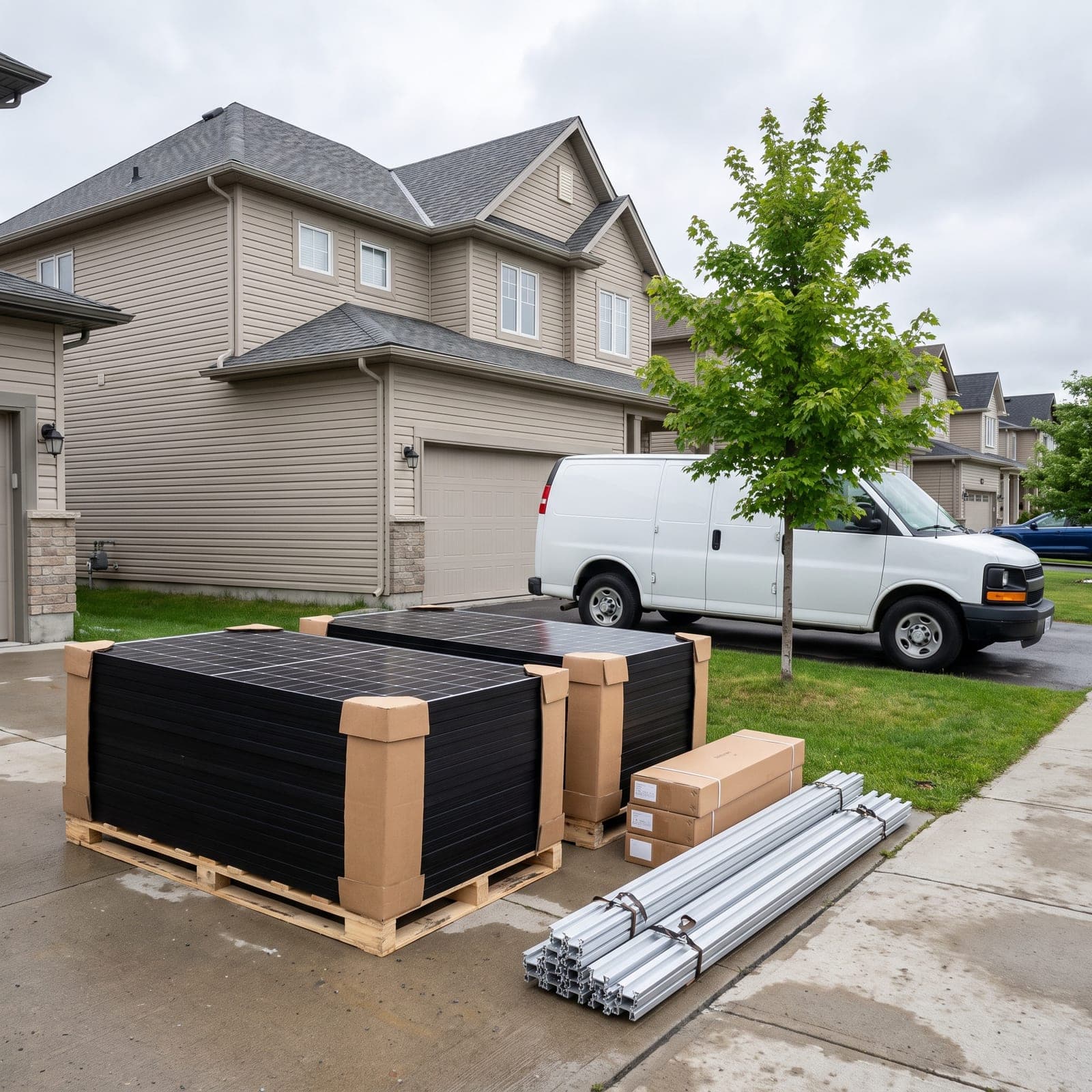 Pallets of solar panels, mounting rails and boxed equipment staged in a suburban driveway